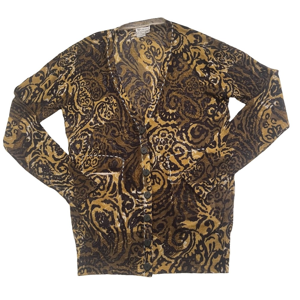Worth Cardigan Button Front V Neck Long Sleeve Pockets Brown Paisley 100% Wool S